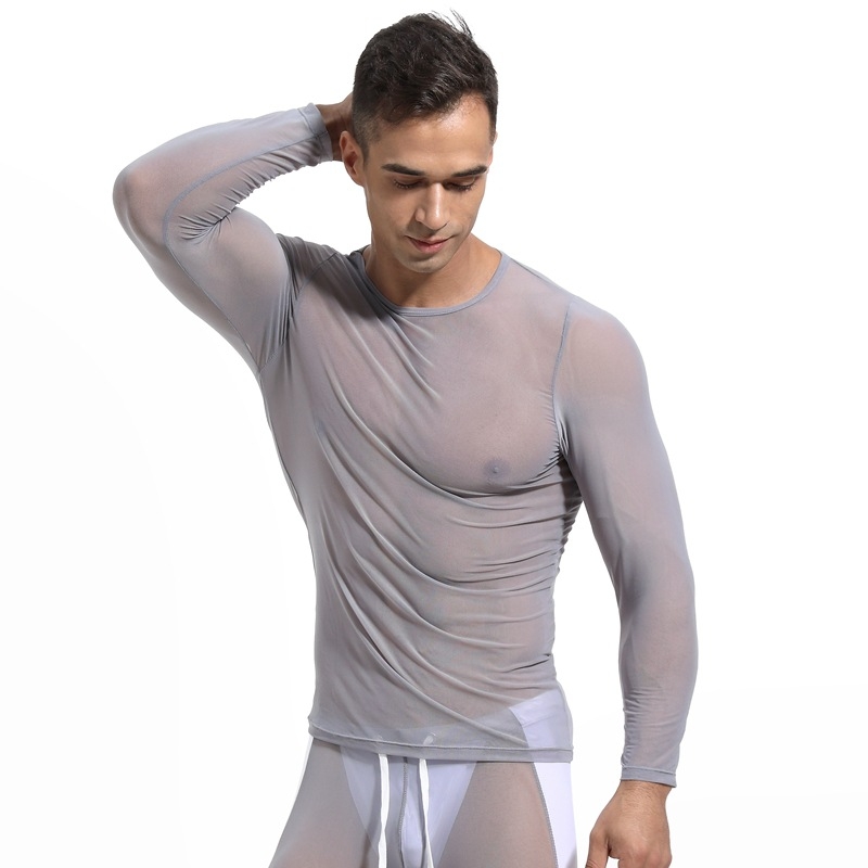 Tricou bărbătesc cu mânecă lungă, cu bază din plasă, guler rotund, transparent