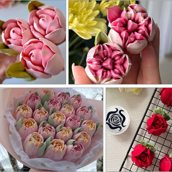 Didelis naujas rusiškas vamzdinis kostiumas su cukraus vata, gėlių kremo išspaudimo puokštė, didelė rožių saldainė