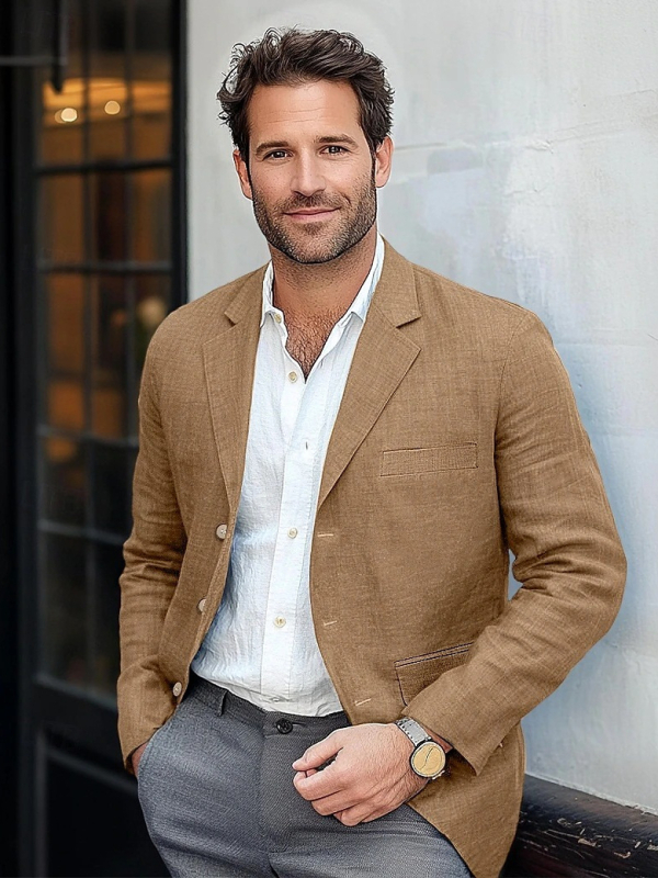 Határokon átnyúló külkereskedelmi Amazon férfi egyszínű pamut és lenvászon vintage alkalmi üzleti öltönykabát ifjúsági európai méretű öltöny