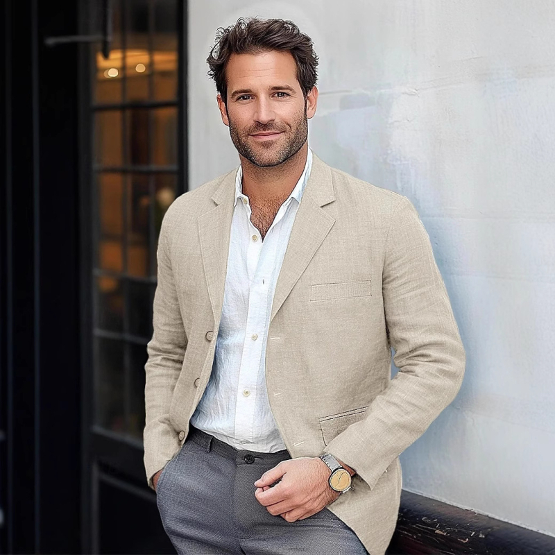 Határokon átnyúló külkereskedelmi Amazon férfi egyszínű pamut és lenvászon vintage alkalmi üzleti öltönykabát ifjúsági európai méretű öltöny