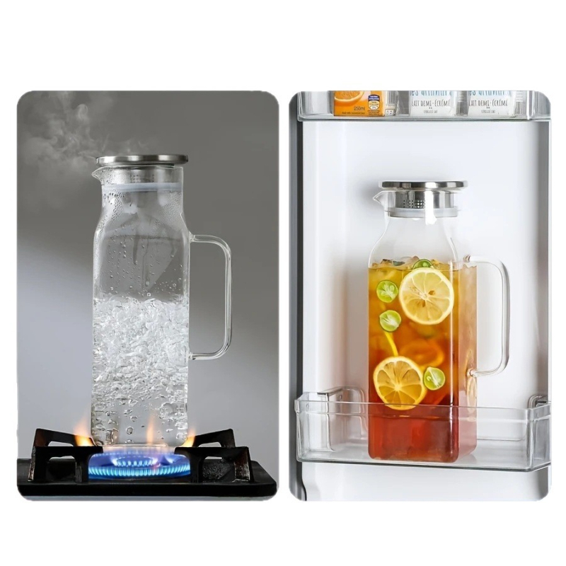 Υψηλή βοριοπυριτική γυάλινη κατσαρόλα νερού οικιακών εστιατορίων μεγάλης χωρητικότητας θερμομονωμένη πυκνωμένη κατσαρόλα χυμού φρούτων προηγμένη κατσαρόλα ποτών με αίσθηση κρύου νερού