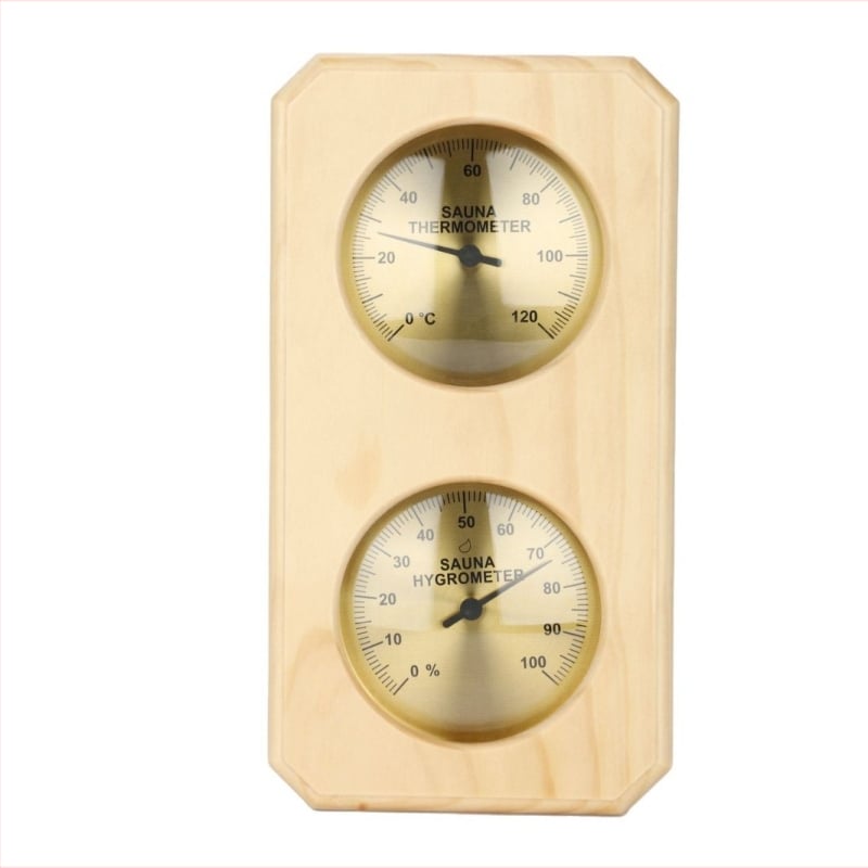 Mehaaniline pointertermomeeter-hügromeeter, kõrge niiskuskindlusega männipuidust raamiga higisaunaruumi spetsiaalne temperatuuri- ja niiskusmõõtur