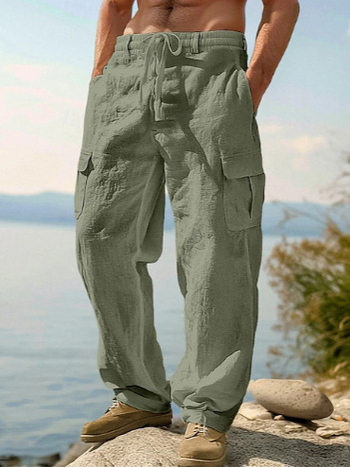 Noua îmbrăcăminte de lucru subțire și respirabilă pentru bărbați, din bumbac și in, de vară, cu mai multe buzunare, casual, la modă, cu picior larg