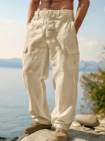 Noua îmbrăcăminte de lucru subțire și respirabilă pentru bărbați, din bumbac și in, de vară, cu mai multe buzunare, casual, la modă, cu picior larg