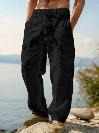 Noua îmbrăcăminte de lucru subțire și respirabilă pentru bărbați, din bumbac și in, de vară, cu mai multe buzunare, casual, la modă, cu picior larg