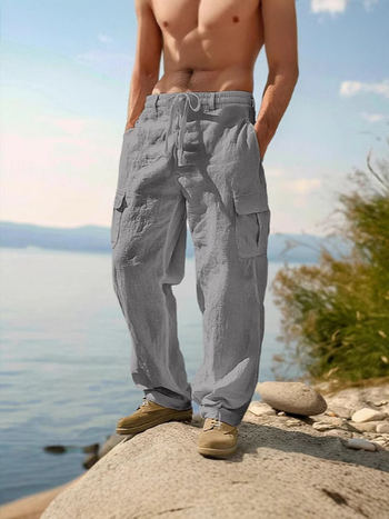 Noua îmbrăcăminte de lucru subțire și respirabilă pentru bărbați, din bumbac și in, de vară, cu mai multe buzunare, casual, la modă, cu picior larg