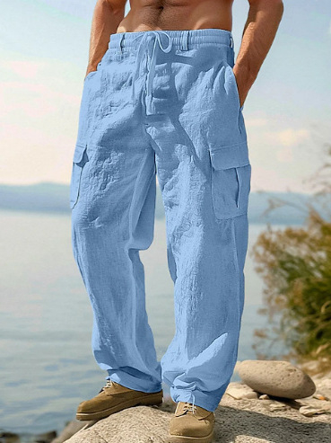 Noua îmbrăcăminte de lucru subțire și respirabilă pentru bărbați, din bumbac și in, de vară, cu mai multe buzunare, casual, la modă, cu picior larg