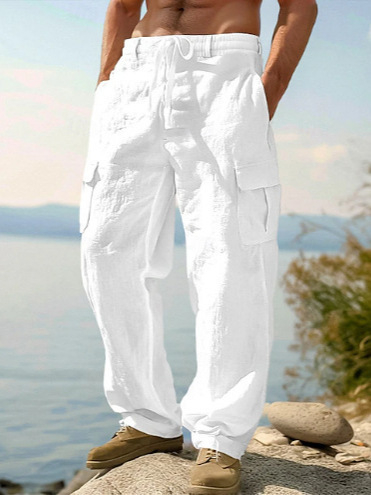 Noua îmbrăcăminte de lucru subțire și respirabilă pentru bărbați, din bumbac și in, de vară, cu mai multe buzunare, casual, la modă, cu picior larg