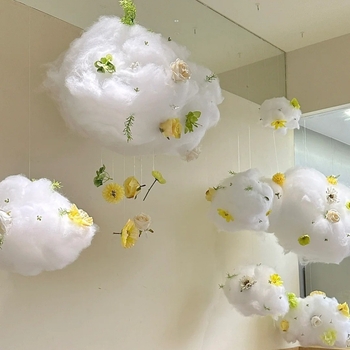 Pamut felhő dekorációs kirakatszett, műfehér felhővirágok, barkácsolás, függő dekoráció, üzlet, légi függő dekorációs kirakat
