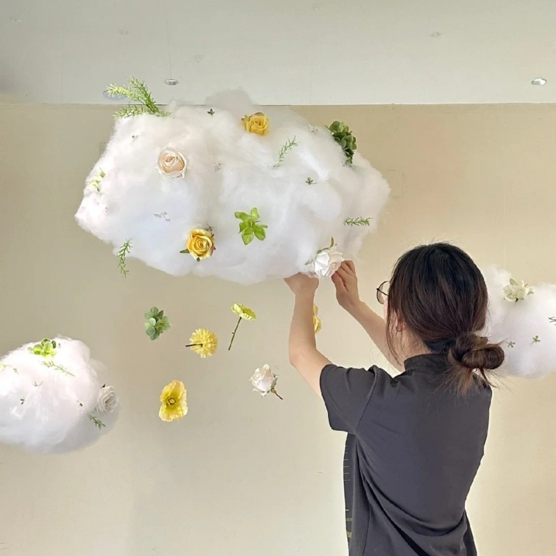 Pamut felhő dekorációs kirakatszett, műfehér felhővirágok, barkácsolás, függő dekoráció, üzlet, légi függő dekorációs kirakat