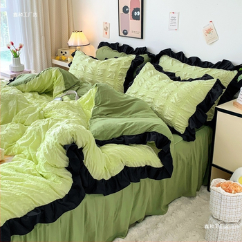 Korėjietiško stiliaus juodas nėriniuotas keturių dalių lovos sijonas su užtiesalu mergaitėms, paklodės užvalkalas studentų bendrabučiui, trijų dalių komplektas