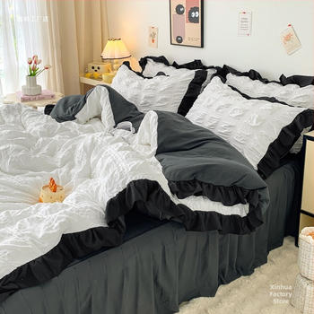 Korėjietiško stiliaus juodas nėriniuotas keturių dalių lovos sijonas su užtiesalu mergaitėms, paklodės užvalkalas studentų bendrabučiui, trijų dalių komplektas