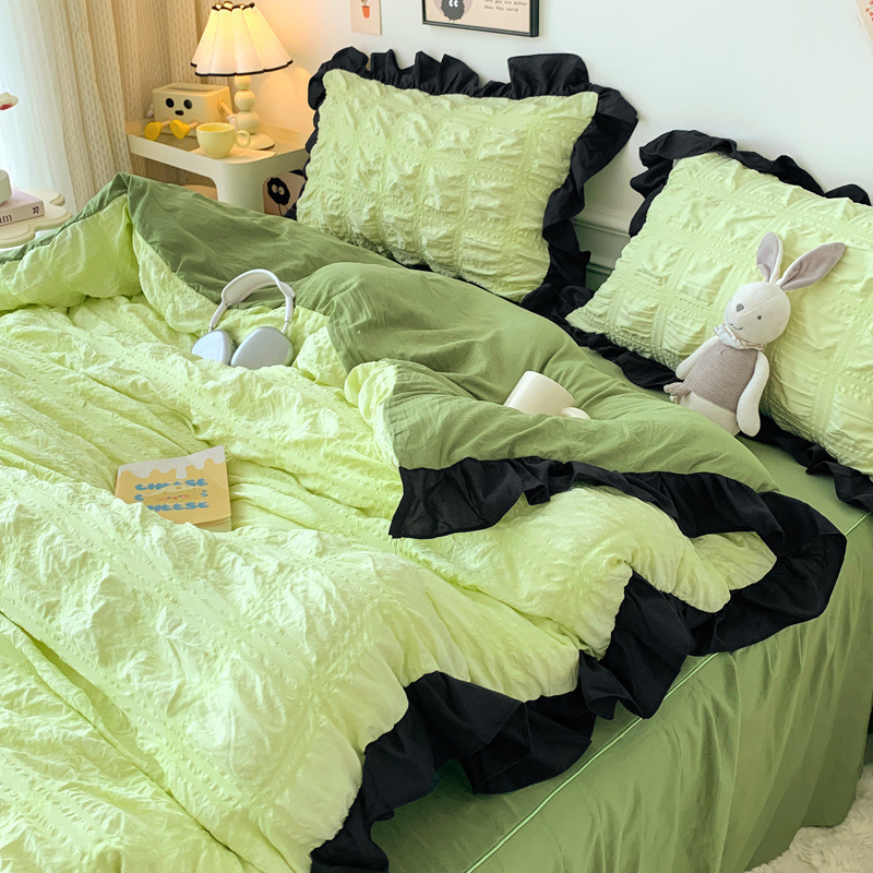 Korėjietiško stiliaus juodas nėriniuotas keturių dalių lovos sijonas su užtiesalu mergaitėms, paklodės užvalkalas studentų bendrabučiui, trijų dalių komplektas