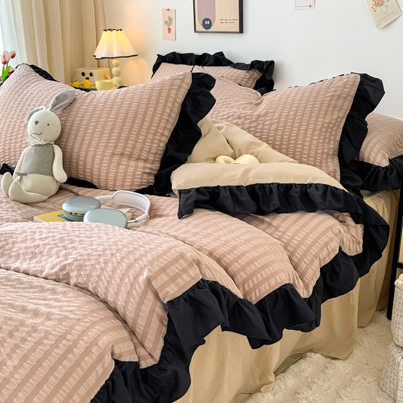 Korėjietiško stiliaus juodas nėriniuotas keturių dalių lovos sijonas su užtiesalu mergaitėms, paklodės užvalkalas studentų bendrabučiui, trijų dalių komplektas