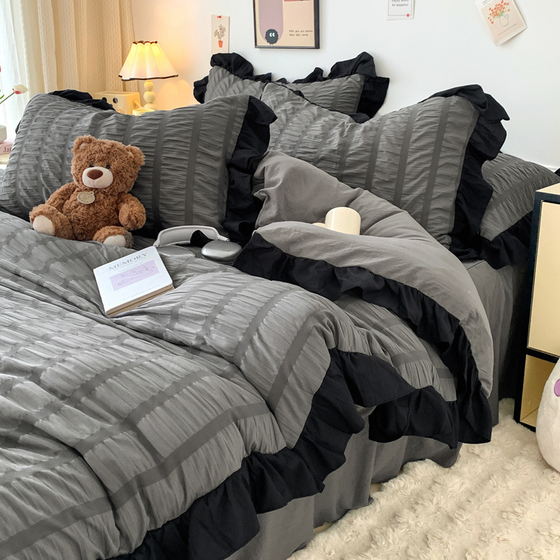 Korėjietiško stiliaus juodas nėriniuotas keturių dalių lovos sijonas su užtiesalu mergaitėms, paklodės užvalkalas studentų bendrabučiui, trijų dalių komplektas