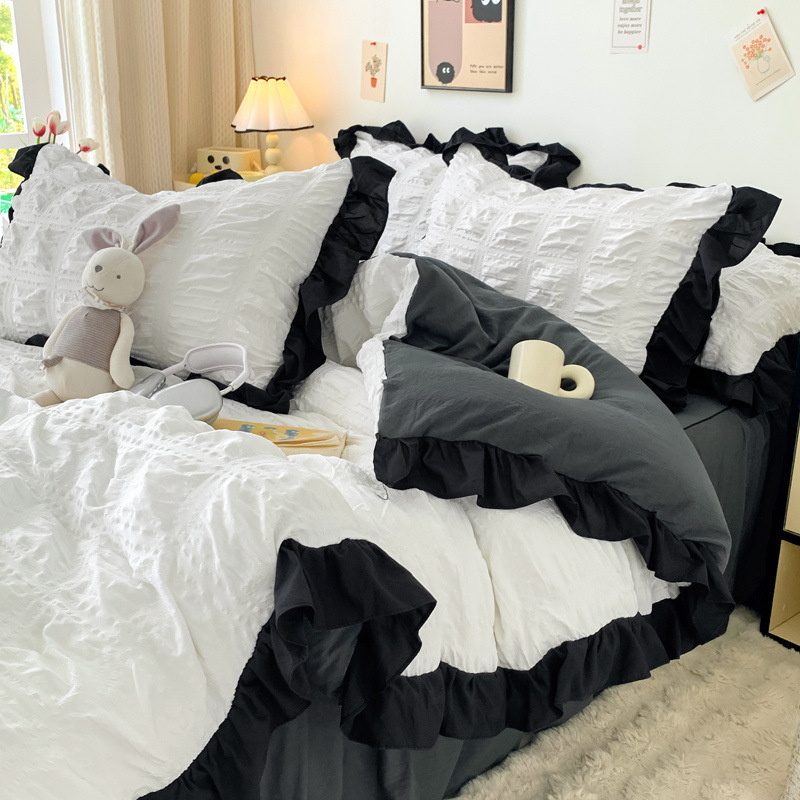 Korėjietiško stiliaus juodas nėriniuotas keturių dalių lovos sijonas su užtiesalu mergaitėms, paklodės užvalkalas studentų bendrabučiui, trijų dalių komplektas