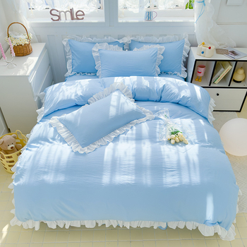 Korėjietiško stiliaus skalbtos medvilnės keturių dalių komplektas, kreminės mėlynos spalvos princesės nėrinių keturių dalių komplektas, vienspalvis studentų lovos komplektas, trijų dalių komplektas bendrabutyje