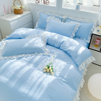 Korėjietiško stiliaus skalbtos medvilnės keturių dalių komplektas, kreminės mėlynos spalvos princesės nėrinių keturių dalių komplektas, vienspalvis studentų lovos komplektas, trijų dalių komplektas bendrabutyje