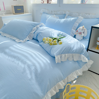 Korėjietiško stiliaus skalbtos medvilnės keturių dalių komplektas, kreminės mėlynos spalvos princesės nėrinių keturių dalių komplektas, vienspalvis studentų lovos komplektas, trijų dalių komplektas bendrabutyje