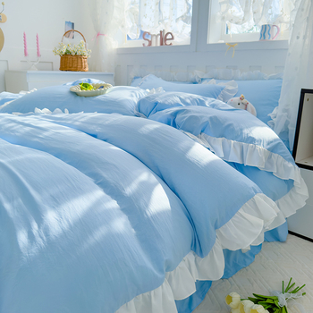 Korėjietiško stiliaus skalbtos medvilnės keturių dalių komplektas, kreminės mėlynos spalvos princesės nėrinių keturių dalių komplektas, vienspalvis studentų lovos komplektas, trijų dalių komplektas bendrabutyje