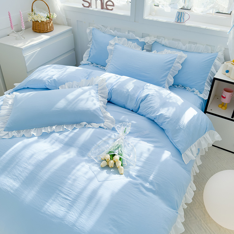 Korėjietiško stiliaus skalbtos medvilnės keturių dalių komplektas, kreminės mėlynos spalvos princesės nėrinių keturių dalių komplektas, vienspalvis studentų lovos komplektas, trijų dalių komplektas bendrabutyje