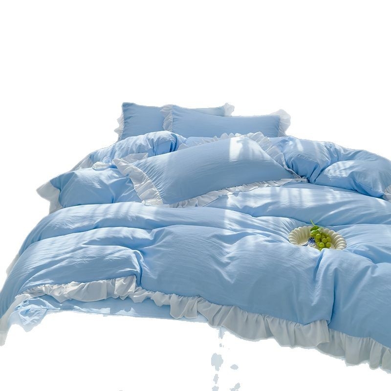 Korėjietiško stiliaus skalbtos medvilnės keturių dalių komplektas, kreminės mėlynos spalvos princesės nėrinių keturių dalių komplektas, vienspalvis studentų lovos komplektas, trijų dalių komplektas bendrabutyje