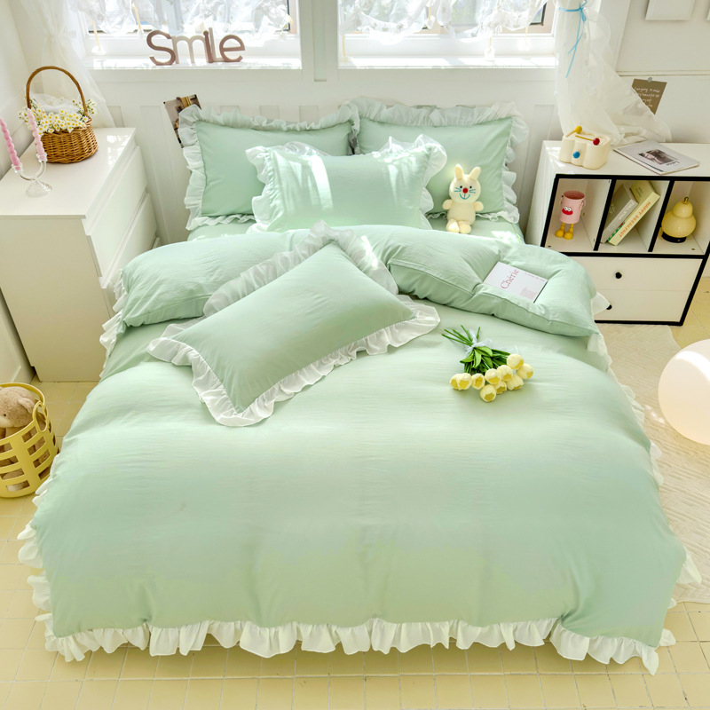 Korėjietiško stiliaus skalbtos medvilnės keturių dalių komplektas, kreminės mėlynos spalvos princesės nėrinių keturių dalių komplektas, vienspalvis studentų lovos komplektas, trijų dalių komplektas bendrabutyje