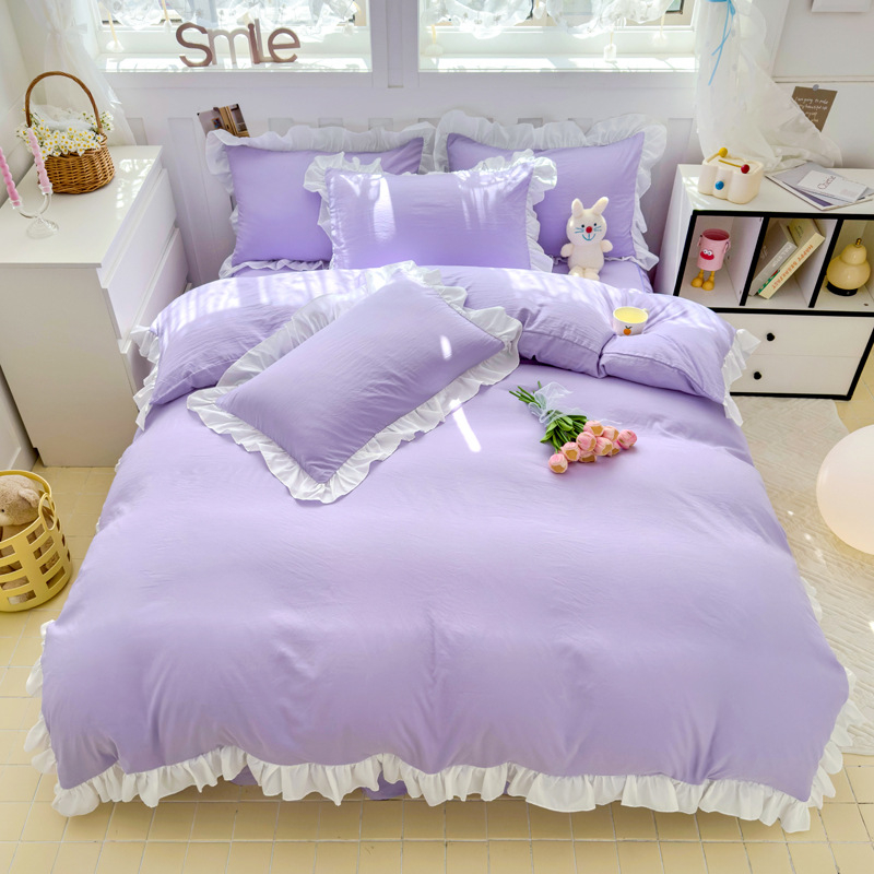 Korėjietiško stiliaus skalbtos medvilnės keturių dalių komplektas, kreminės mėlynos spalvos princesės nėrinių keturių dalių komplektas, vienspalvis studentų lovos komplektas, trijų dalių komplektas bendrabutyje