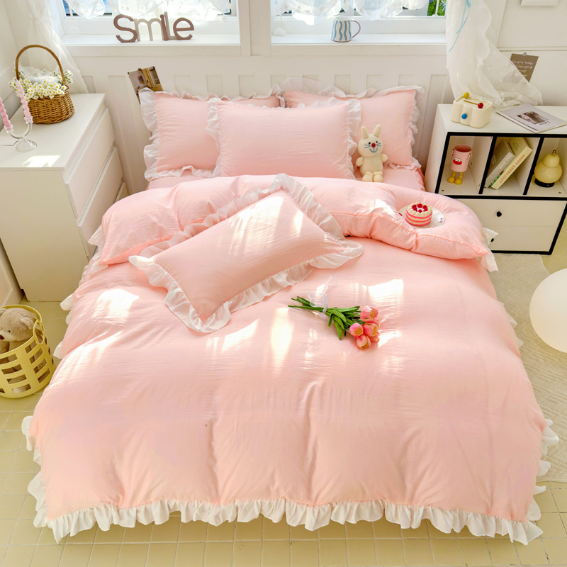 Korėjietiško stiliaus skalbtos medvilnės keturių dalių komplektas, kreminės mėlynos spalvos princesės nėrinių keturių dalių komplektas, vienspalvis studentų lovos komplektas, trijų dalių komplektas bendrabutyje