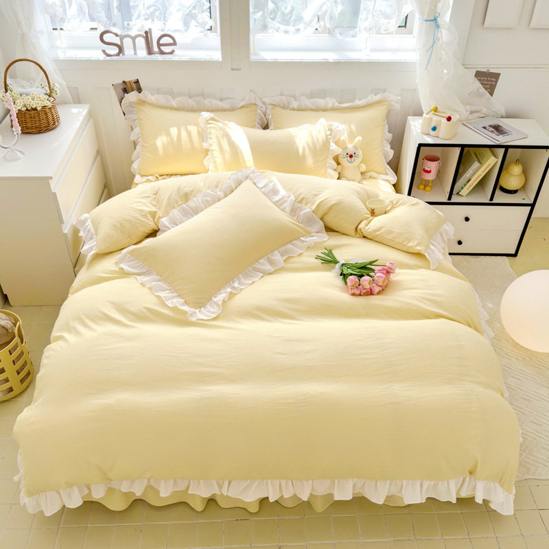 Korėjietiško stiliaus skalbtos medvilnės keturių dalių komplektas, kreminės mėlynos spalvos princesės nėrinių keturių dalių komplektas, vienspalvis studentų lovos komplektas, trijų dalių komplektas bendrabutyje