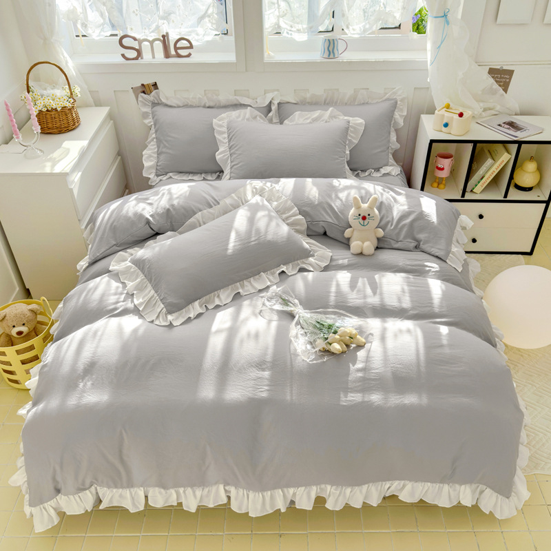 Korėjietiško stiliaus skalbtos medvilnės keturių dalių komplektas, kreminės mėlynos spalvos princesės nėrinių keturių dalių komplektas, vienspalvis studentų lovos komplektas, trijų dalių komplektas bendrabutyje