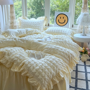 „Seersucker“ lovos sijono keturių dalių patalynės komplektas, korėjietiško stiliaus, mergaitiškas skalbtos medvilnės antklodės užvalkalas, paklodė bendrabučiui, trijų dalių komplektas 4