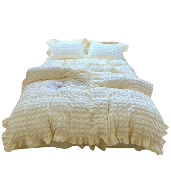 „Seersucker“ lovos sijono keturių dalių patalynės komplektas, korėjietiško stiliaus, mergaitiškas skalbtos medvilnės antklodės užvalkalas, paklodė bendrabučiui, trijų dalių komplektas 4