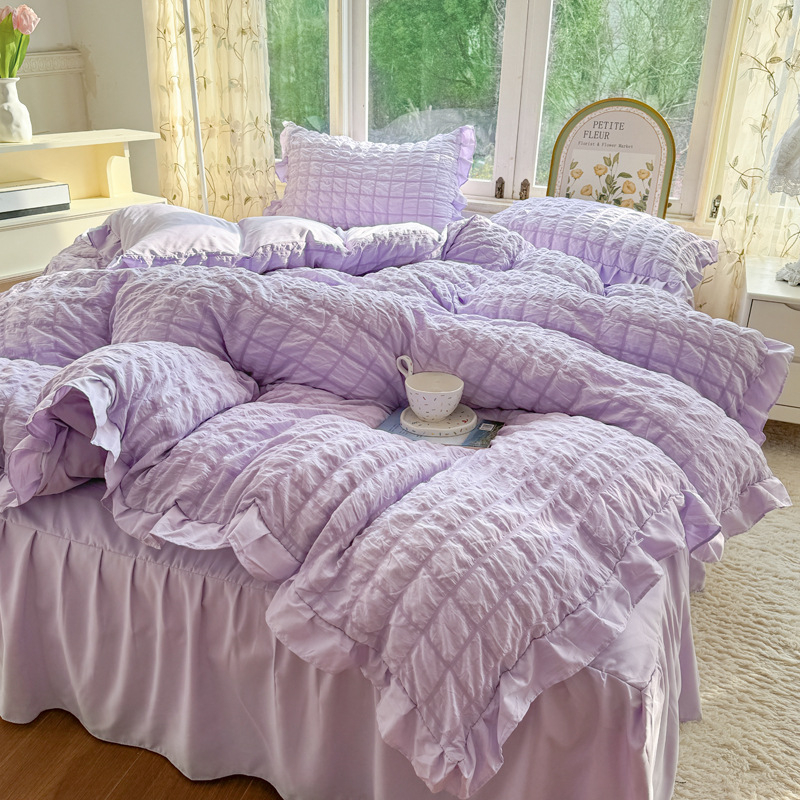 „Seersucker“ lovos sijono keturių dalių patalynės komplektas, korėjietiško stiliaus, mergaitiškas skalbtos medvilnės antklodės užvalkalas, paklodė bendrabučiui, trijų dalių komplektas 4