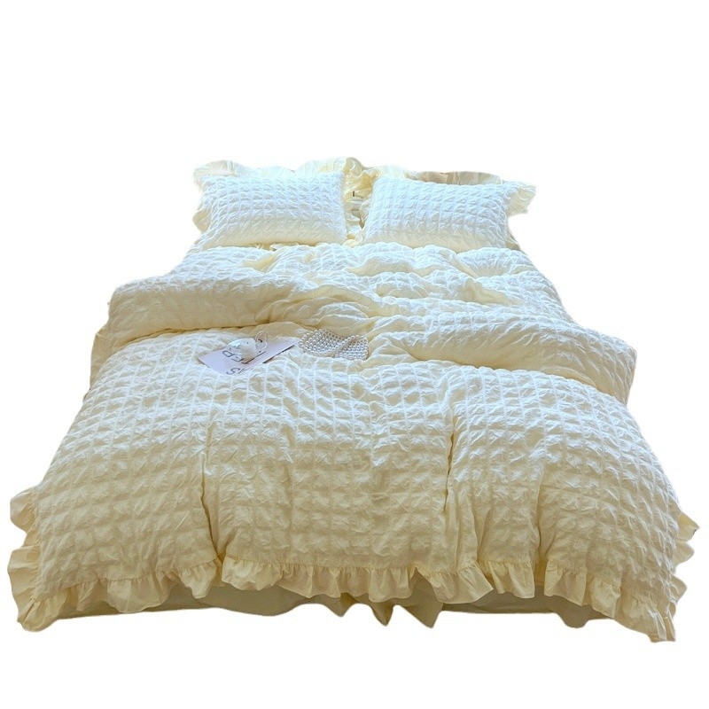 „Seersucker“ lovos sijono keturių dalių patalynės komplektas, korėjietiško stiliaus, mergaitiškas skalbtos medvilnės antklodės užvalkalas, paklodė bendrabučiui, trijų dalių komplektas 4