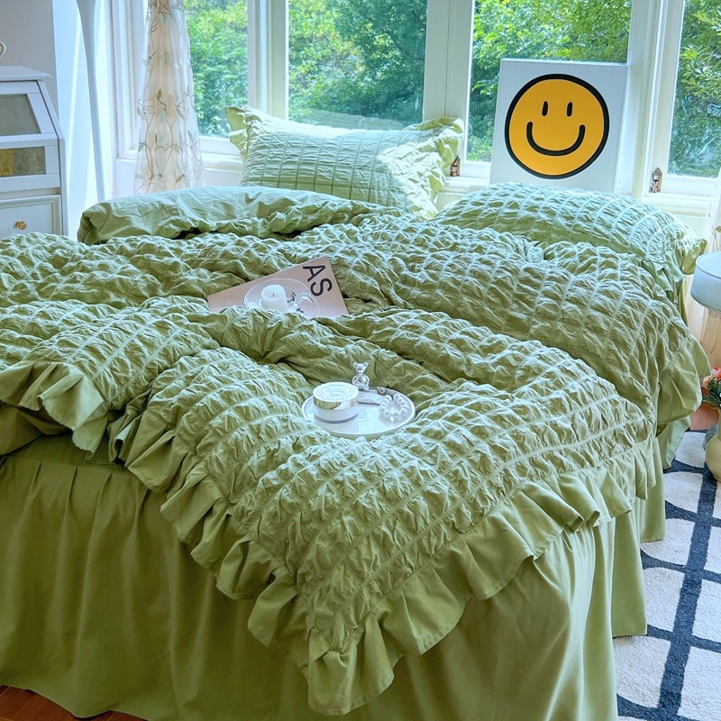 „Seersucker“ lovos sijono keturių dalių patalynės komplektas, korėjietiško stiliaus, mergaitiškas skalbtos medvilnės antklodės užvalkalas, paklodė bendrabučiui, trijų dalių komplektas 4