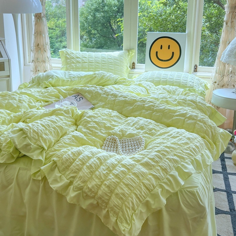 „Seersucker“ lovos sijono keturių dalių patalynės komplektas, korėjietiško stiliaus, mergaitiškas skalbtos medvilnės antklodės užvalkalas, paklodė bendrabučiui, trijų dalių komplektas 4