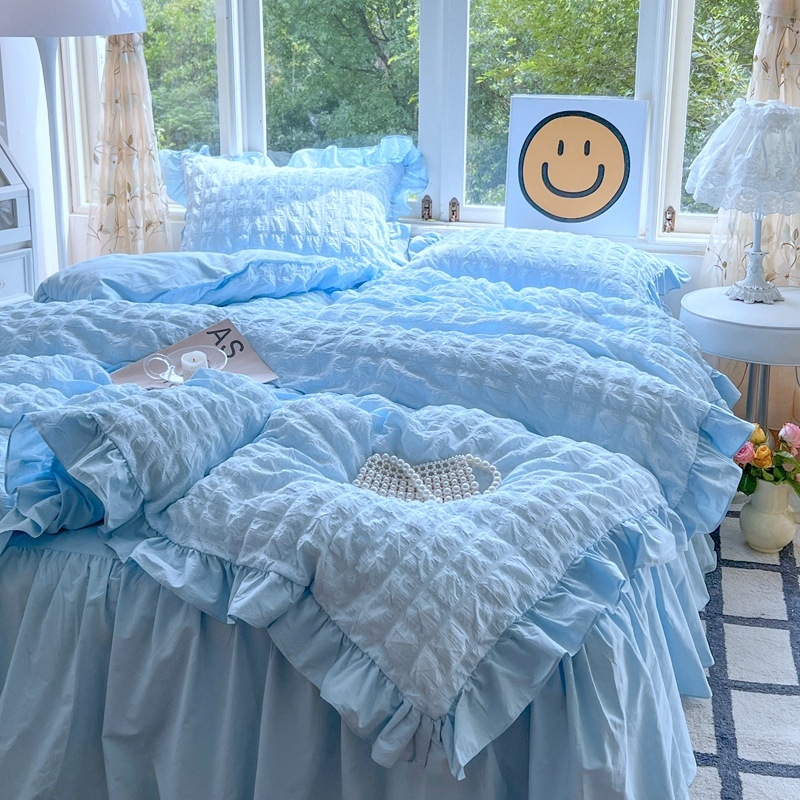 „Seersucker“ lovos sijono keturių dalių patalynės komplektas, korėjietiško stiliaus, mergaitiškas skalbtos medvilnės antklodės užvalkalas, paklodė bendrabučiui, trijų dalių komplektas 4