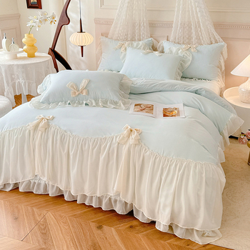 Korėjietiško stiliaus princesės stiliaus lovos sijonas, keturių dalių komplektas, medvilnė, gryna medvilnė, interneto šventės mergaitės lovos paklodė, nėriniuota dygsniuota patalynės užvalkalas