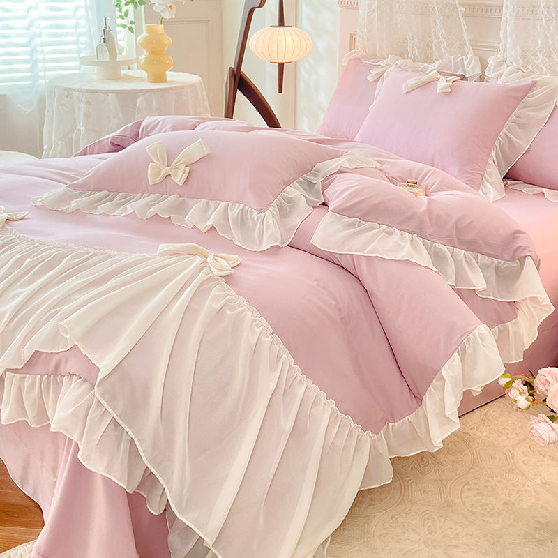 Korėjietiško stiliaus princesės stiliaus lovos sijonas, keturių dalių komplektas, medvilnė, gryna medvilnė, interneto šventės mergaitės lovos paklodė, nėriniuota dygsniuota patalynės užvalkalas