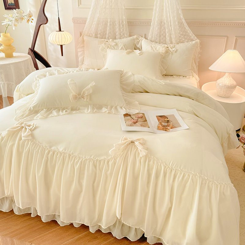 Korėjietiško stiliaus princesės stiliaus lovos sijonas, keturių dalių komplektas, medvilnė, gryna medvilnė, interneto šventės mergaitės lovos paklodė, nėriniuota dygsniuota patalynės užvalkalas