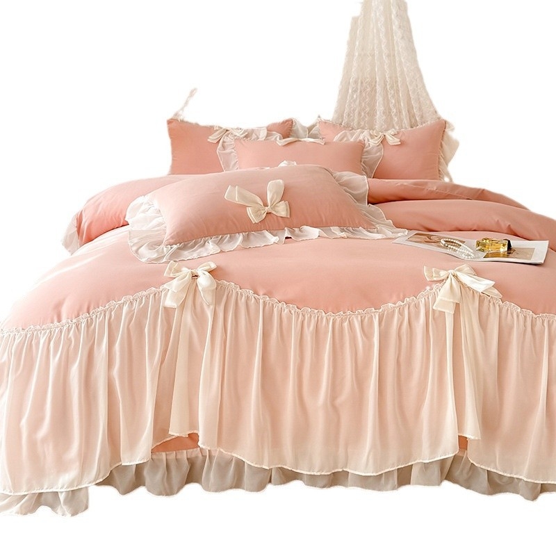 Korėjietiško stiliaus princesės stiliaus lovos sijonas, keturių dalių komplektas, medvilnė, gryna medvilnė, interneto šventės mergaitės lovos paklodė, nėriniuota dygsniuota patalynės užvalkalas