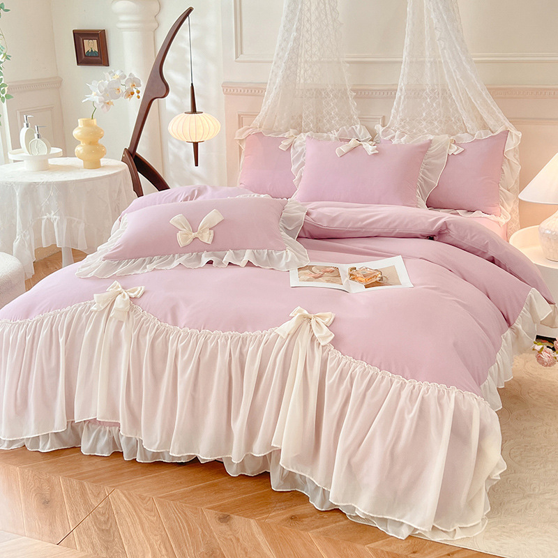 Korėjietiško stiliaus princesės stiliaus lovos sijonas, keturių dalių komplektas, medvilnė, gryna medvilnė, interneto šventės mergaitės lovos paklodė, nėriniuota dygsniuota patalynės užvalkalas