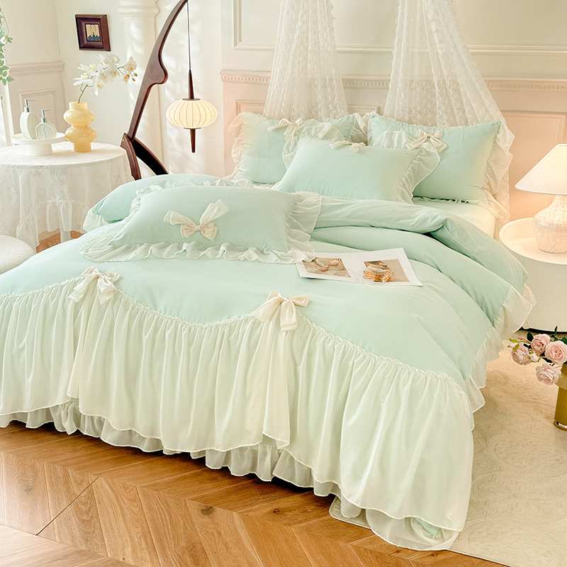 Korėjietiško stiliaus princesės stiliaus lovos sijonas, keturių dalių komplektas, medvilnė, gryna medvilnė, interneto šventės mergaitės lovos paklodė, nėriniuota dygsniuota patalynės užvalkalas