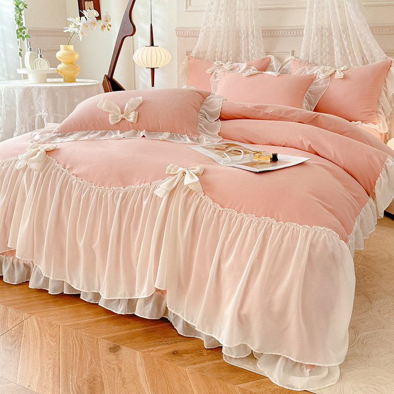 Korėjietiško stiliaus princesės stiliaus lovos sijonas, keturių dalių komplektas, medvilnė, gryna medvilnė, interneto šventės mergaitės lovos paklodė, nėriniuota dygsniuota patalynės užvalkalas