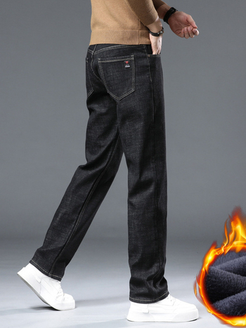 Висококачествени леки луксозни класически дънки с поларена подплата за мъже, есенни и зимни еластични бизнес панталони за средна възраст, ежедневни топли дебели прави панталони