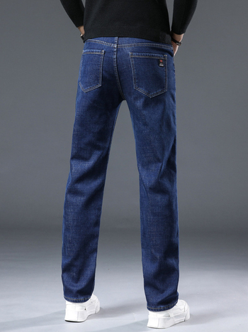 Висококачествени леки луксозни класически дънки с поларена подплата за мъже, есенни и зимни еластични бизнес панталони за средна възраст, ежедневни топли дебели прави панталони