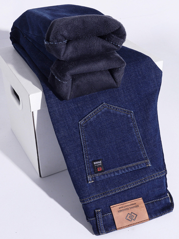 Висококачествени леки луксозни класически дънки с поларена подплата за мъже, есенни и зимни еластични бизнес панталони за средна възраст, ежедневни топли дебели прави панталони