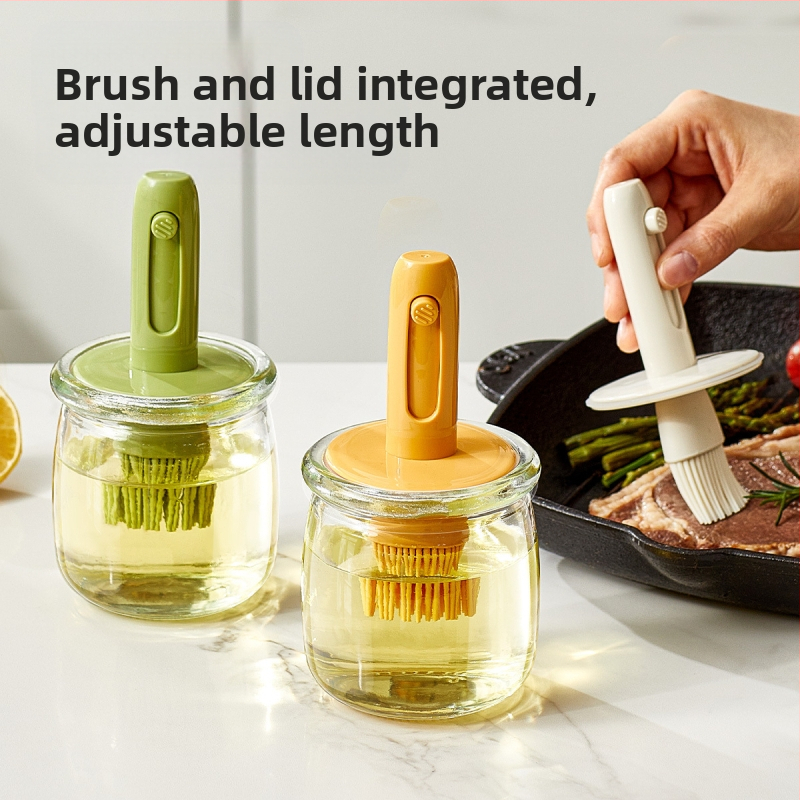 Teleskopinis aliejaus šepetėlio butelis buitinei virtuvei, atsparus aukštai temperatūrai, stiklinis silikoninis šepetėlio aliejaus butelis lauko kepsninei kepimui „viskas viename“ aliejaus butelis