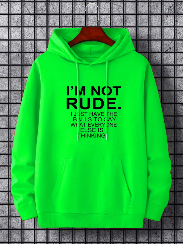Férfi neonzöld kapucnis pulóver "I 'M NOT RUDE" grafikával - casual poliészter anyagból